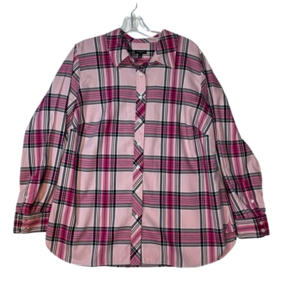 Talbots Plus 1X Pink Plaid Cotton Button Front Shirt